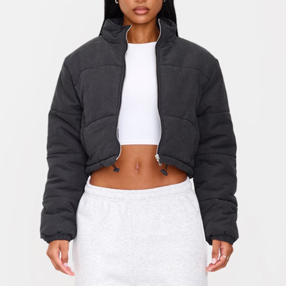 Pretty Little Thing BLACK SUPER CROPPED PEACH SKIN PUFFER Size US 8 New with Tag